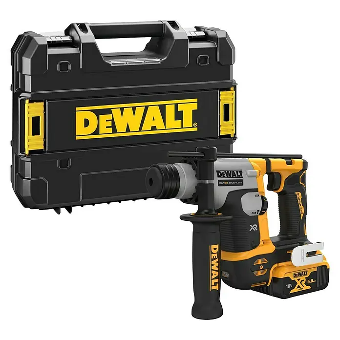 DeWalt XR 18V Martillo combinado de batería DCH172NT - 18 V, Sin batería, 1,4 J - Un martillo rotativo inalámbrico DeWalt con estuche de accesorios. La herramienta es amarilla y negra y tiene una batería y un mango.