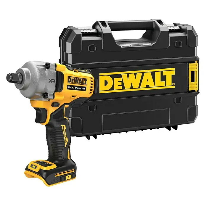DeWalt XR 18V Llave de impacto de batería DCF891NT - 18 V, Sin batería, 1.084 Nm - Imagen de una llave de impacto inalámbrica DeWalt 18V XR Brushless junto con su caja de herramientas.
