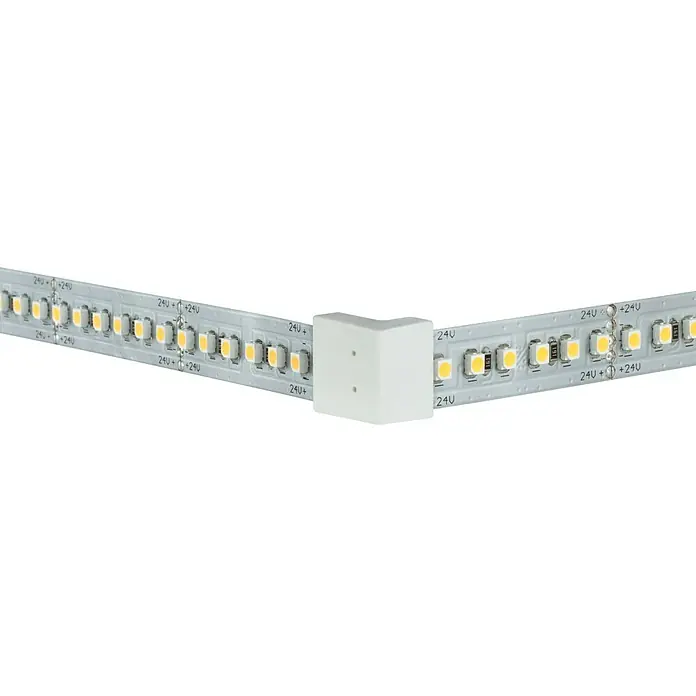 Paulmann MaxLED Eckverbinder Edge-Connector - Kunststoff, L x B x H: 17 x 16 x 12 mm - Nahaufnahme eines LED-Streifens, der durch einen weißen Eckverbinder verbunden ist und eine saubere, winklige Beleuchtungslösung darstellt.