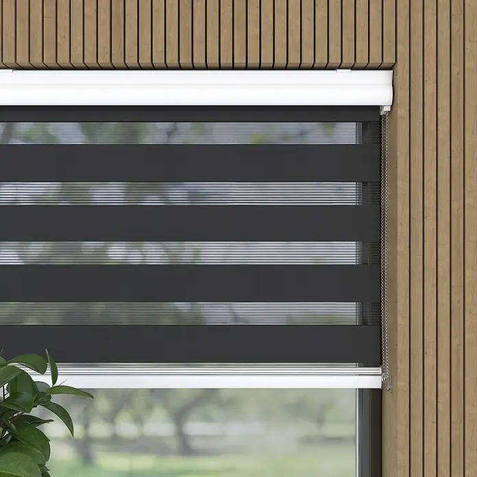 Expo Ambiente Doppelrollo mit KassetteB x H: 200 x 175 cm, Schwarz, Tageslichtdurchlässig - Eine moderne, graue Duo-Rollo für Fenster mit abwechselnden transparenten und blickdichten Streifen für flexible Lichtsteuerung.