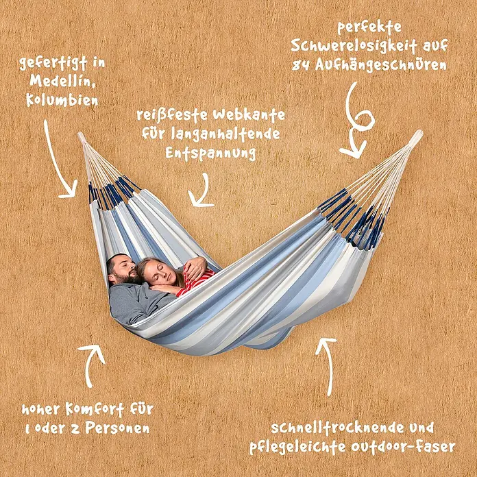 La Siesta Hängematte Brisa - L x B: 350 x 160 cm, Sea Salt - Hängematte mit blau-weißen Streifen, aufgespannt mit zwei Personen darin, beworben mit verschiedenen Produkteigenschaften.