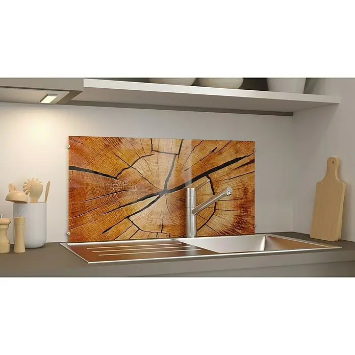 CUCINE Küchenrückwand - Circled Wood, 80 x 40 cm, Stärke: 6 mm, Einscheibensicherheitsglas (ESG) - Küchenrückwand aus Glas mit Baumstamm-Motiv. Der Holzschnitt verleiht der Küche eine natürliche Note und schützt die Wand.