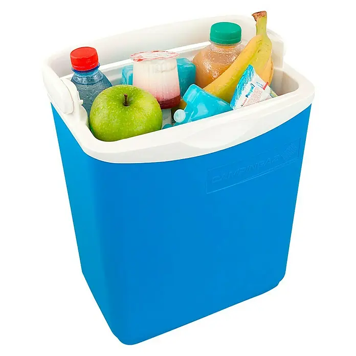 Campingaz Nevera de camping Icetime Plus - L x An x Al: 29 x 18 x 39 cm, Azul - Nevera portátil azul con tapa blanca, llena de bebidas, fruta y bloques de hielo. Ideal para picnics y excursiones de verano.