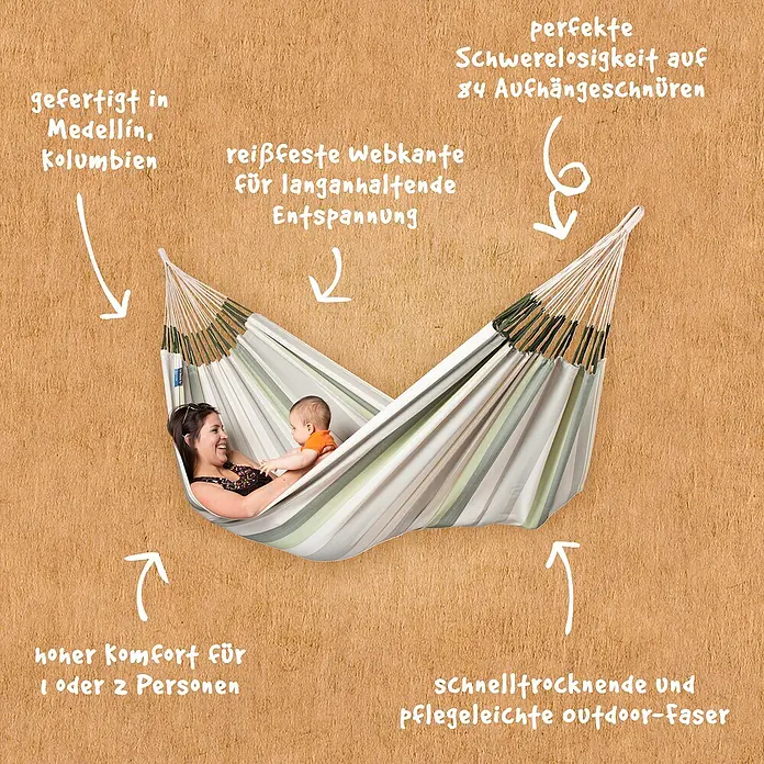 La Siesta Hängematte Brisa - L x B: 350 x 160 cm, Cedar - Eine bequeme Hängematte für 1-2 Personen, gefertigt in Medellín, Kolumbien, mit reißfester Webkante und schnelltrocknender Outdoor-Faser.