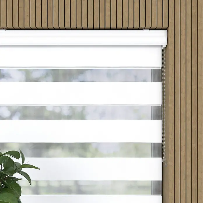 Expo Ambiente Doppelrollo mit Kassette - B x H: 120 x 175 cm, Weiß, Verdunkelnd - Nahaufnahme einer weißen Doppelrollo-Fensterabdeckung, die modernes Design und effektive Lichtsteuerung vereint, ideal für jeden Raum.