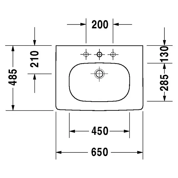 Duravit D-Code Waschtisch - 65 x 48,5 cm, Ohne Spezialglasur, Hahnloch: Mitte, Mit Überlauf, Weiß - Draufsicht des Waschtisches mit Maßangaben. Der Waschtisch ist rechteckig mit einem ovalen Waschbecken.
