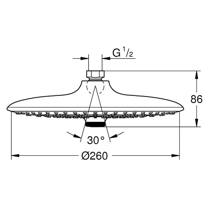 Grohe Euphoria 260 Kopfbrause - Durchmesser: 26 cm, 17 l/min, Anzahl Funktionen: 3 Stk., Chrom - Technische Zeichnung einer Brause mit Maßen, inklusive Durchmesser, Höhe und Winkel.