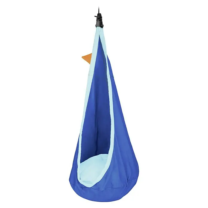 La Siesta Hängesessel Joki für Kinder - Dolphy - Hängesessel für Kinder, perfekt zum Entspannen und Spielen. Der Hängesessel ist blau und hellblau und hängt an einem schwarzen Haken.