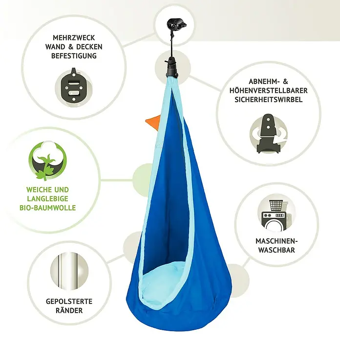 La Siesta Hängesessel Joki für Kinder - Dolphy - Ein blauer Hängehöhle-Sessel für Kinder mit Befestigungselementen für Wand und Decke und waschbarem Stoff.