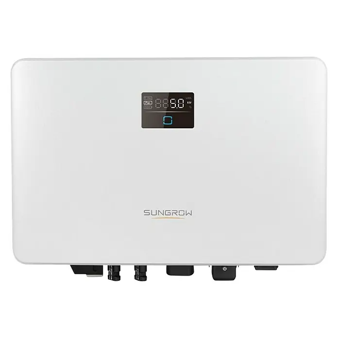 Inversor string - 5 kW, L x An x Al: 15 x 41 x 27 cm - Inversor solar blanco Sungrow con pantalla digital. El dispositivo convierte eficientemente la energía solar y la inyecta a la red.