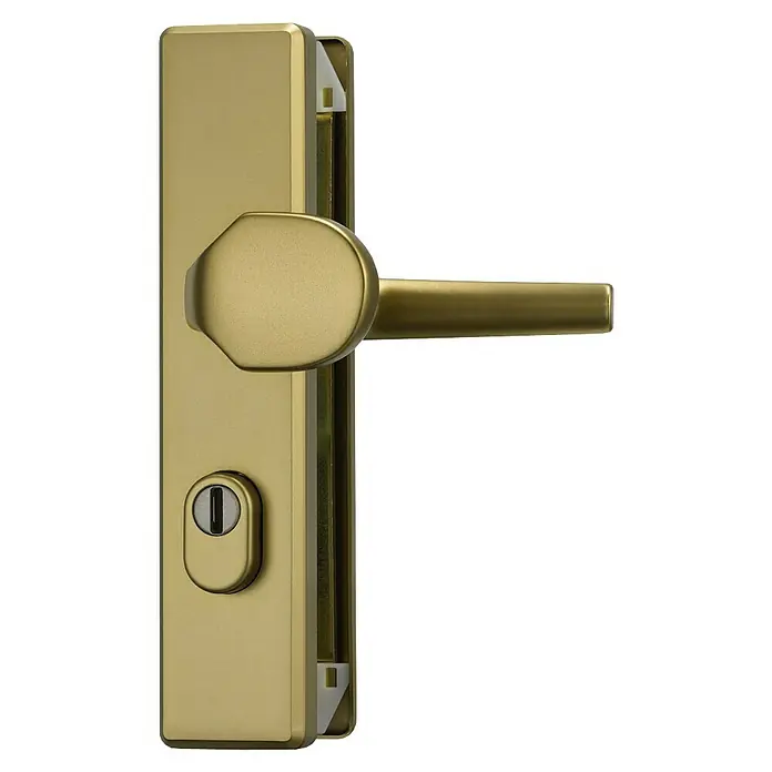 Abus Schutzbeschlag KLSZ 714 - Wohnungsabschlusstür, Bronze, Knopf außen, Drücker innen - Nahaufnahme eines goldenen Türgriffs mit Schlüsselloch, der ein elegantes Design und hohe Funktionalität vereint.