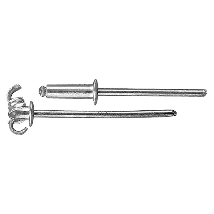 Index Remache ciego para automóvil - Diámetro de remache: 4,8 mm, 25 ud. - Una foto detallada de dos remaches pop, uno sin usar y otro extendido después del uso.