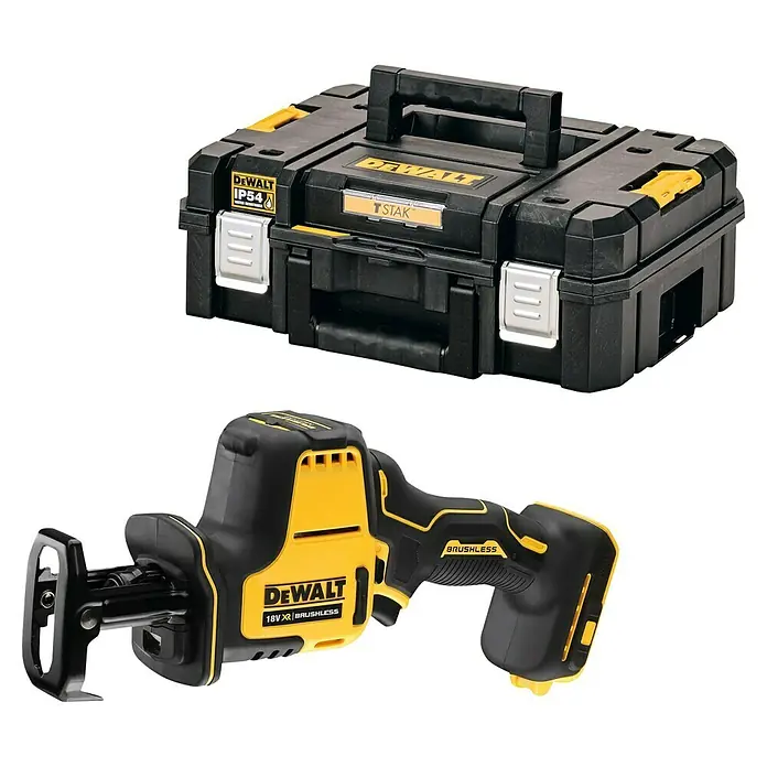 DeWalt XR 18V Sierra de sable de batería DCS369NT - 18 V, Iones de litio, Sin batería, Número de carreras marcha en vacío: 0 /min - 2.800 /min - Imagen de una caja de herramientas Dewalt y una sierra de vaivén inalámbrica.