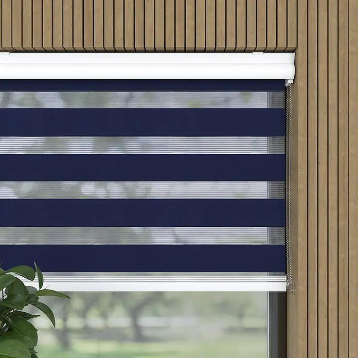 Doppelrollo mit Kassette - B x H: 60 x 175 cm, Blau - Nahaufnahme einer blauen Duo-Rollo-Fensterabdeckung mit abwechselnd transparenten und undurchsichtigen Stoffbahnen für elegantes, modernes Design.