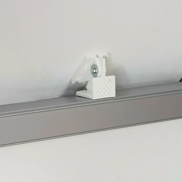 Optimum Kit de montaje de puerta corredera Optimum - Blanco/gris, 120 x 120 cm - Soporte de plástico blanco texturizado montado en una pared, sobre un riel gris.
