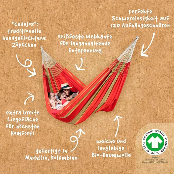 La Siesta Doppelhängematte Flora - L x B: 400 x 180 cm, Chili, Ausführungseigenschaft: Kingsize - Rote Hängematte mit Familie und Hinweisen auf handgeflochtene Zöpfe, reißfeste Webkante, Bio-Baumwolle und Herstellung in Medellín.