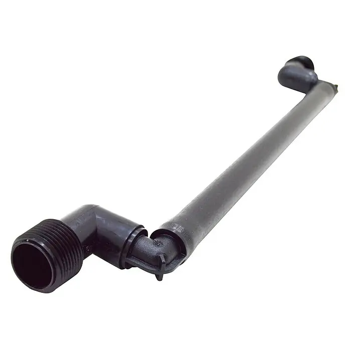 Tubo prolongador flexible con codo - 1 ud., Largo: 38 cm - Imagen del producto de un brazo de riego negro con conexión roscada, ideal para sistemas de riego de jardín.