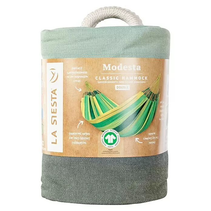 La Siesta Hängematte Modesta - L x B: 350 x 160 cm, Olive, Double - Verpackte hellgrüne Hängematte, "Modesta Double Classic Hammock" von LA SIESTA, mit braunem Etikett, das eine grün-gelb gestreifte Hängematte zeigt.