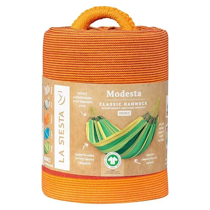 La Siesta Hängematte Modesta - L x B: 350 x 160 cm, Volcano, Double - Gerollte, orange-rot gestreifte La Siesta Modesta Classic Doppel-Hängematte mit Tragegriff und Produktband.
