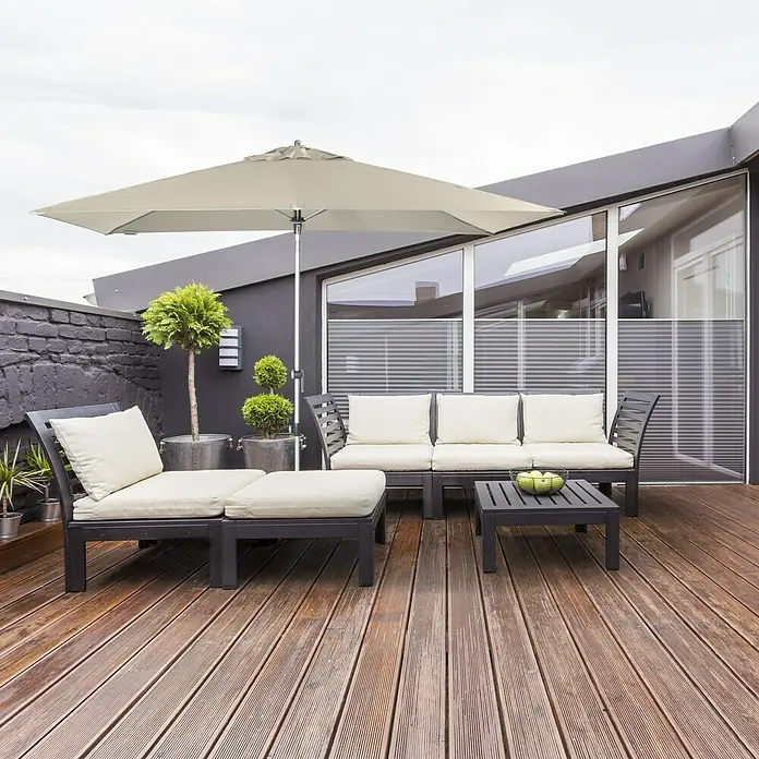 Doppler Expert Marktschirm Auto Tilt - Natur, Bespannungsmaß (L x B): 300 x 200 cm - Terrassenmöbel-Set mit Sonnenschirm: stilvolle Outdoor-Lounge mit Sofa, Liege und Tisch für entspannte Stunden im Freien.