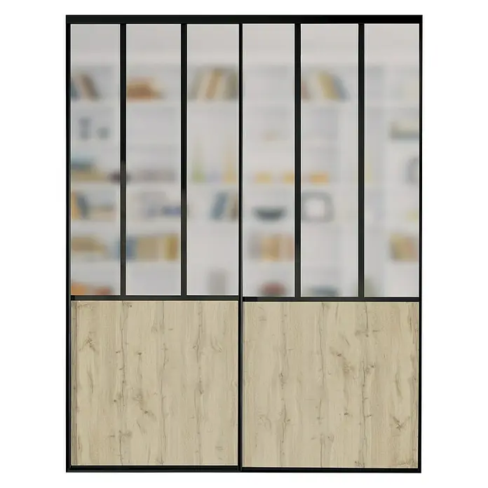 Optimum Schiebetür-Bau-Set Eiche/Frostglas - 180 x 250 cm, Eiche - Schiebetürenschrank mit Holzpaneelen unten und einem Glaseinsatz mit schwarzen Sprossen oben.