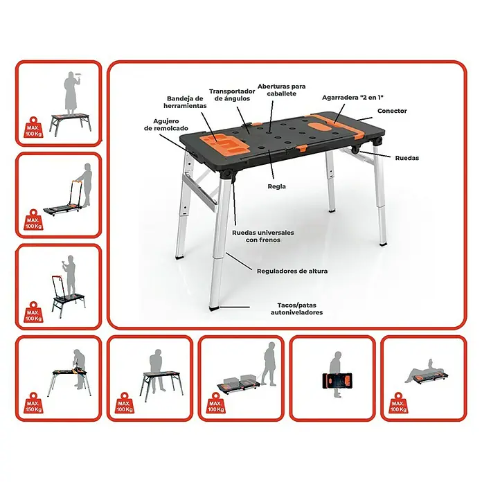 Banco de trabajo 7 en 1 - L x An: 55 x 108,5 cm, Altura de trabajo: 78 cm, Carga soportada: 100 kg - El banco de trabajo multifuncional cuenta con bandejas para herramientas, transportador de ángulos, aberturas, asa, conector y ruedas para proyectos versátiles.