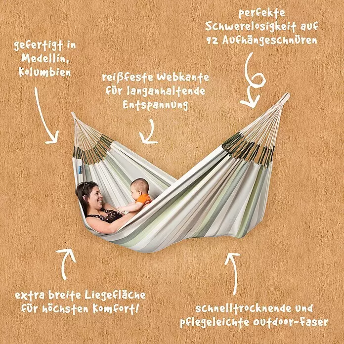 La Siesta Hängematte Brisa Kingsize - L x B: 400 x 180 cm, Cedar - Gestreifte Hängematte mit Frau und Baby, die sich entspannen; extra breit für Komfort, aus Outdoor-Faser.