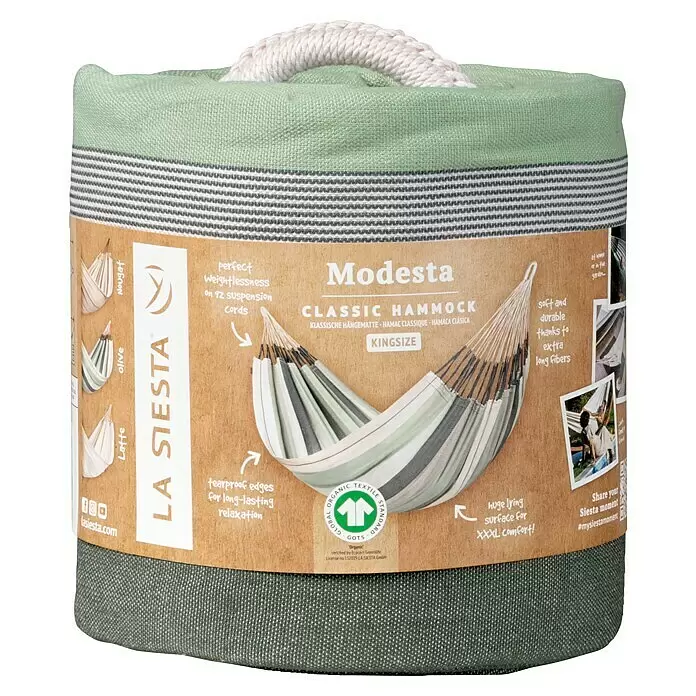 La Siesta Hängematte Modesta - L x B: 400 x 180 cm, Olive, Kingsize - Eine verpackte, grün-gestreifte Modesta Classic Hängematte (Kingsize) mit Seilgriff.