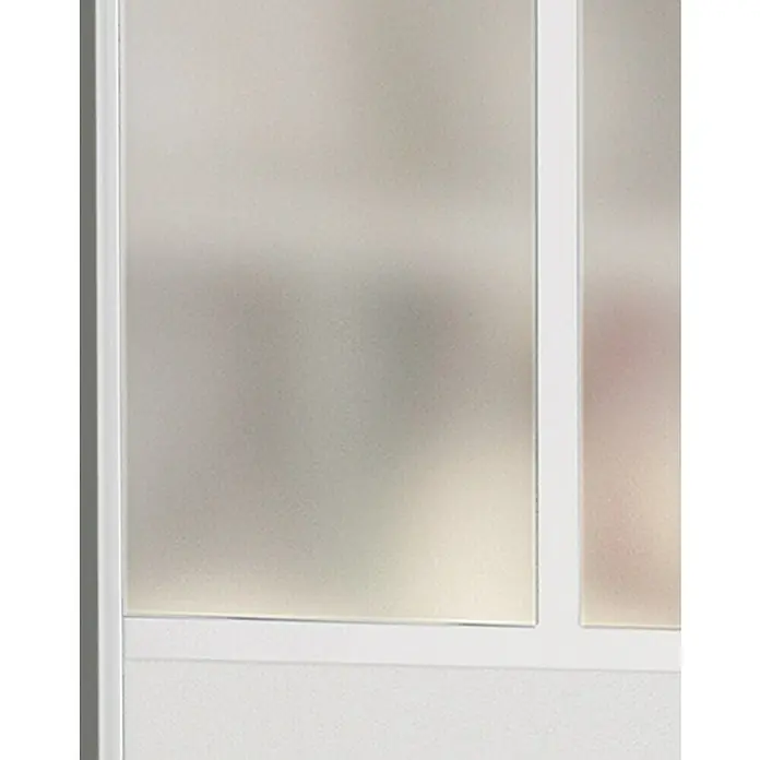 Optimum Schiebetür-Bau-Set Weiß/Frostglas - 180 x 250 cm - Nahaufnahme eines weißen Fensters mit Milchglas, das für Privatsphäre und diffuses Licht sorgt, ideal für moderne Innenräume.