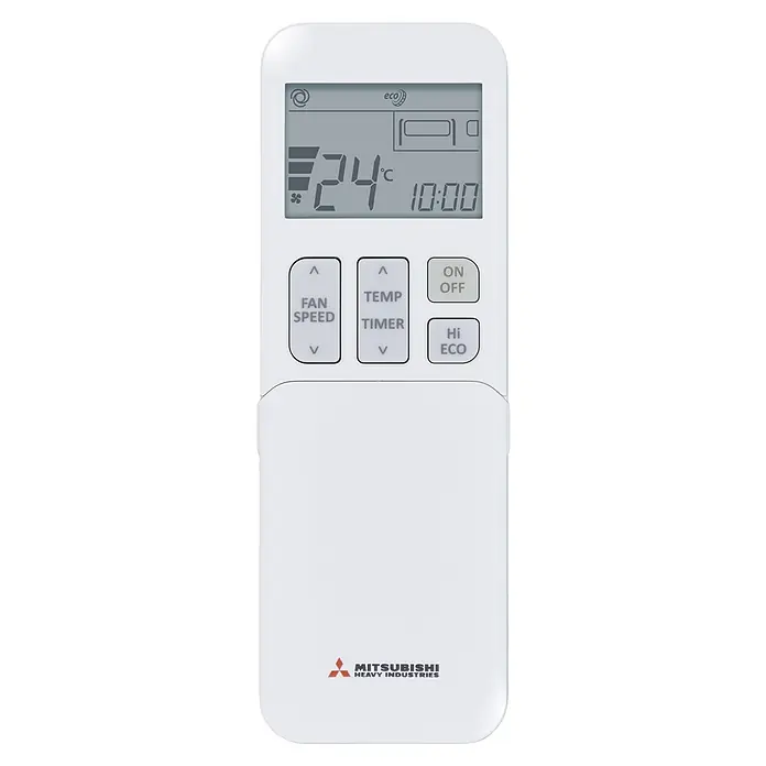 Mitsubishi Aire acondicionado Inverter Global - 3.500 W, 3.800 W, 30 m², Blanco - Un mando a distancia blanco de aire acondicionado Mitsubishi Heavy Industries con una pantalla LCD que muestra la temperatura y otros ajustes.