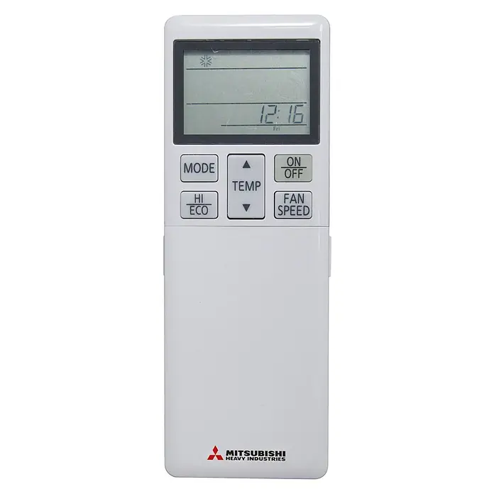 Mitsubishi Aire acondicionado Inverter SRK - 3.500 W, 4.000 W, 30 m², Blanco - Mando a distancia blanco de aire acondicionado Mitsubishi Heavy Industries, con pantalla LCD y botones.