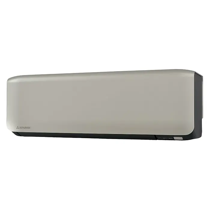 Mitsubishi Aire acondicionado Inverter SRK - 3.500 W, 4.000 W, 30 m², Gris - Primer plano de un aire acondicionado Mitsubishi. La unidad es blanca con una parte inferior negra y cuenta con la inscripción Inverter.