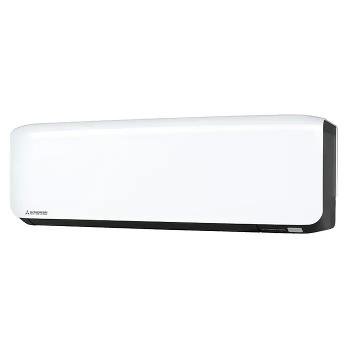 Mitsubishi Aire acondicionado Inverter SRK - 3.500 W, 4.000 W, 30 m², Blanco - Una imagen cercana de un aire acondicionado Mitsubishi blanco con un diseño moderno y elegante y el logo "Inverter" en la parte inferior derecha.