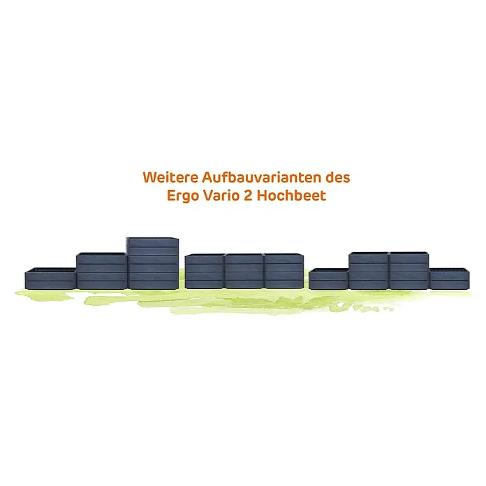 Garantia Hochbeet Ergo Vario 2 Stone - Set - 120 x 80 x 75 cm, Kunststoff, Anthrazit - Unterschiedliche Aufbauvarianten des Ergo Vario 2 Hochbeet aus Kunststoff in dunkelgrauer Holzoptik für Garten oder Terrasse.
