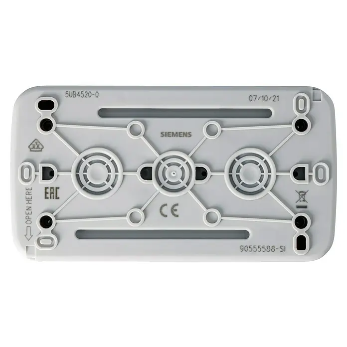 Siemens Delta IP54 Feuchtraum-Steckdose SIE028684 - 2-fach, IP54, Grau - Rückseite eines Siemens-Produkts mit technischen Details und Zertifizierungen, inklusive CE- und EAC-Kennzeichnungen.