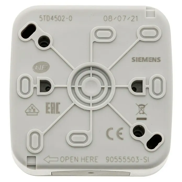 Siemens Delta IP54 Feuchtraumtaster SIE028653 - Grau, Aufputzmontage, IP54 - Detailansicht eines Siemens-Geräts mit technischen Spezifikationen und Zertifizierungszeichen auf der Gehäuserückseite.