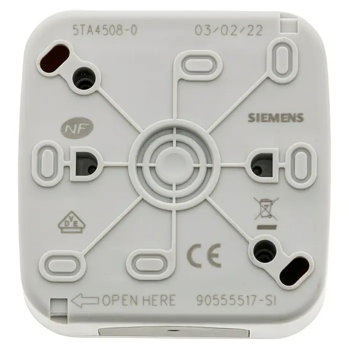 Siemens Delta IP54 Doppelwechselschalter SIE028639 - Grau, Glänzend, Aufputzmontage, 10 A - Nahaufnahme der Unterseite eines Siemens-Geräts mit Modellnummer und Zertifizierungen.