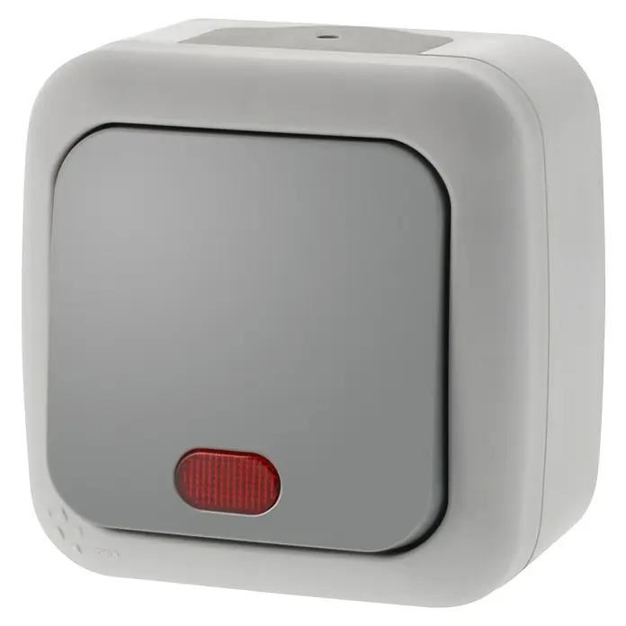 Siemens Delta IP54 Feuchtraum-Kontrollschalter SIE028646 - Grau, Aufputzmontage, IP54 - Nahaufnahme eines grauen Lichtschalters mit roter Kontrollleuchte.