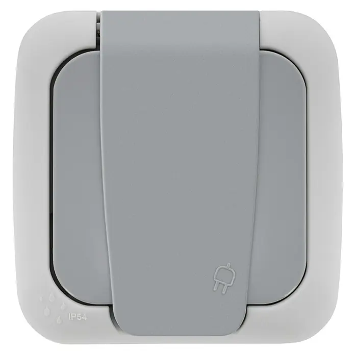 Siemens Delta IP54 Feuchtraum-Steckdose SIE028660 - 1-fach, IP54, Grau - Eine graue, wetterfeste Steckdose mit Schutzklappe und dem IP54-Schutzgrad, ideal für den Außenbereich.