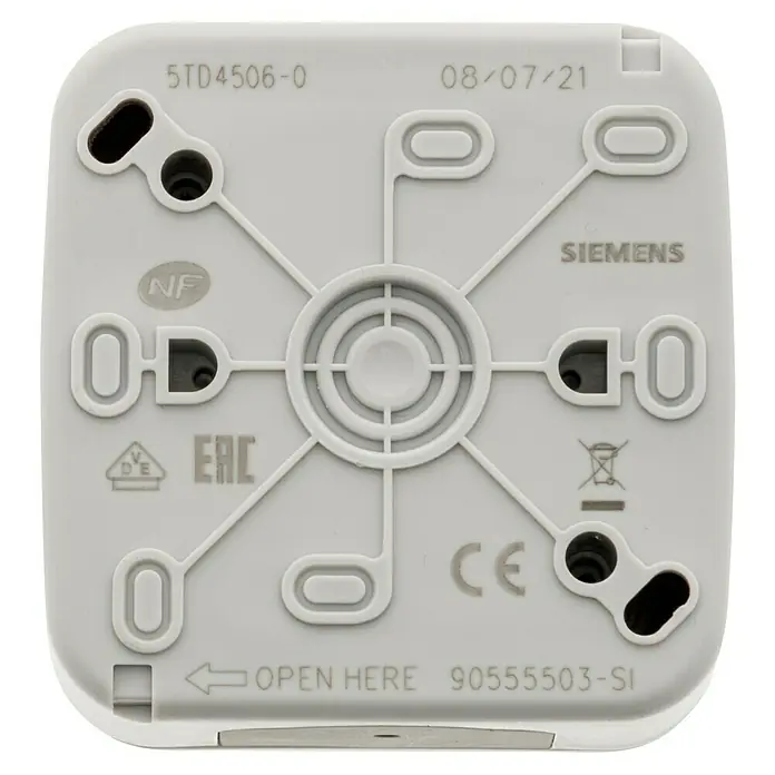 Siemens Delta IP54 Feuchtraum-Wechselschalter SIE028622 - Grau, Aufputzmontage, IP54 - Nahaufnahme der Rückseite eines Siemens-Geräts, die Details wie Modellnummern, Zertifizierungen und das Siemens-Logo zeigt.