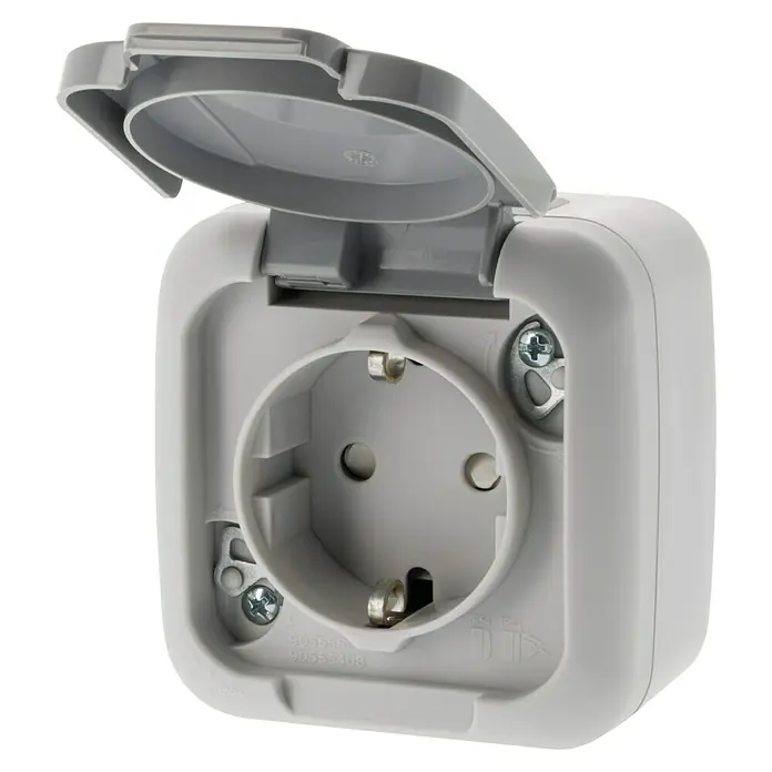 Siemens Delta IP54 Feuchtraum-Steckdose SIE028660 - 1-fach, IP54, Grau - Nahaufnahme einer grauen, wasserdichten Steckdose mit offenem Deckel, ideal für den Außenbereich und feuchte Umgebungen.