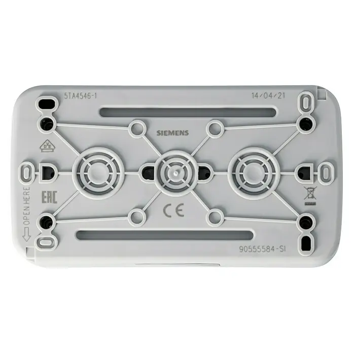 Siemens Delta IP54 Schalterkombination SIE028677 - Grau, Glänzend, 2-fach, Aufputzmontage, IP54 - Detailaufnahme der Rückseite eines Siemens-Geräts mit verschiedenen Logos, Kennzeichnungen und Befestigungspunkten.