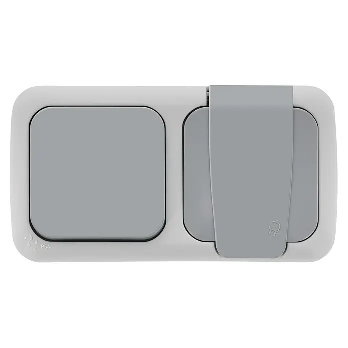 Siemens Delta IP54 Schalterkombination SIE028677 - Grau, Glänzend, 2-fach, Aufputzmontage, IP54 - Eine wasserdichte Doppelsteckdose in Grau und Weiß. Ideal für den Außenbereich, mit Schutzart IP54 gegen Spritzwasser.