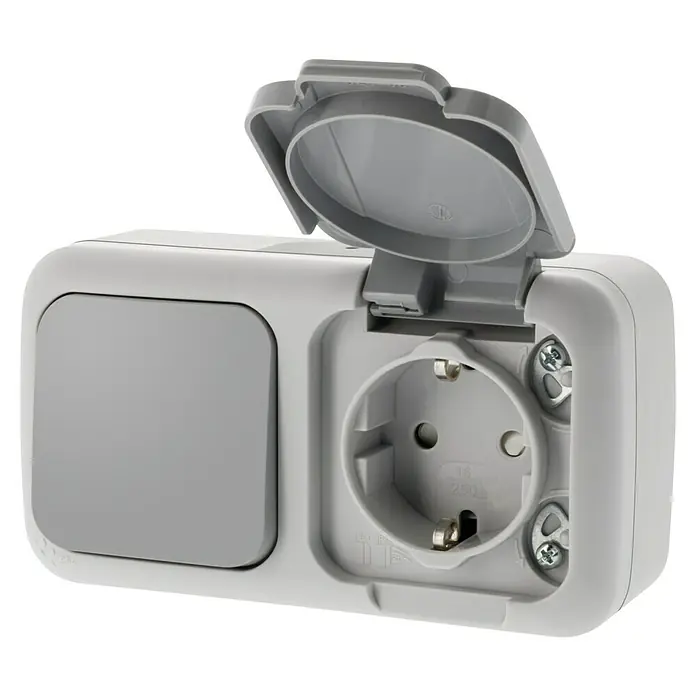 Siemens Delta IP54 Schalterkombination SIE028677 - Grau, Glänzend, 2-fach, Aufputzmontage, IP54 - Hier ist eine Detailaufnahme einer grauen, wasserdichten Außensteckdose mit Schalter und geöffnetem Deckel, ideal für den Außenbereich.