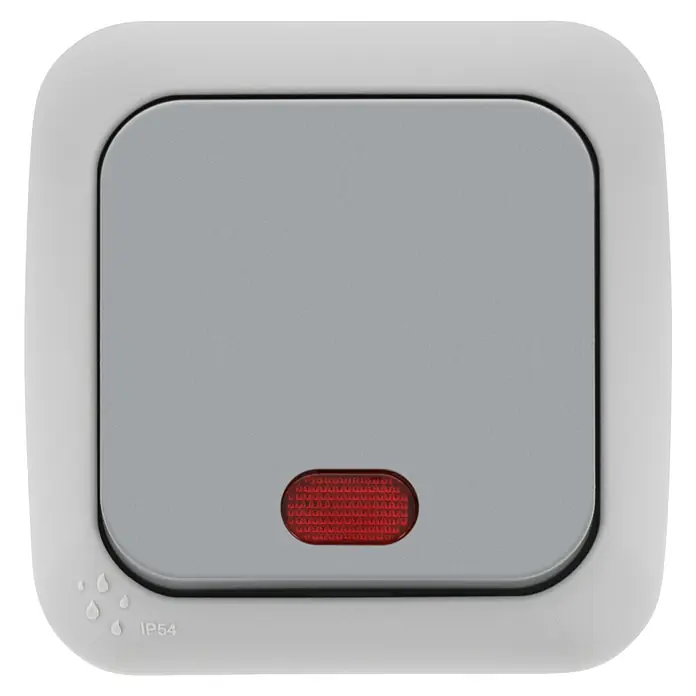 Siemens Delta IP54 Feuchtraum-Kontrollschalter SIE028646 - Grau, Aufputzmontage, IP54 - Nahaufnahme eines grauen, wasserdichten IP54-Schalters mit roter Kontrollleuchte und abgerundeten Ecken, umgeben von einem weißen Rahmen.