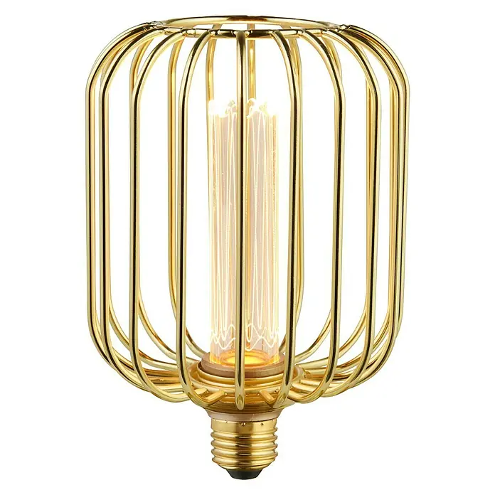 Searchlight LED-Lampe Zylinder Robust - E27, Dimmbar, Bernstein, 120 lm, 3,5 W, Gold - Nahaufnahme einer goldenen Käfig-Glühbirne mit einem länglichen, glühenden Filament, das warmes Licht ausstrahlt.