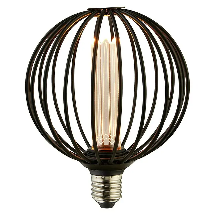 Searchlight LED-Lampe Kugel Robust - E27, Dimmbar, Bernstein, 120 lm, 3,5 W, Schwarz - Dekorative Glühbirne mit Käfigdesign. Elegante Lampe mit Edison-Glühfaden und schwarzem Metallkäfig für stilvolle Beleuchtung.