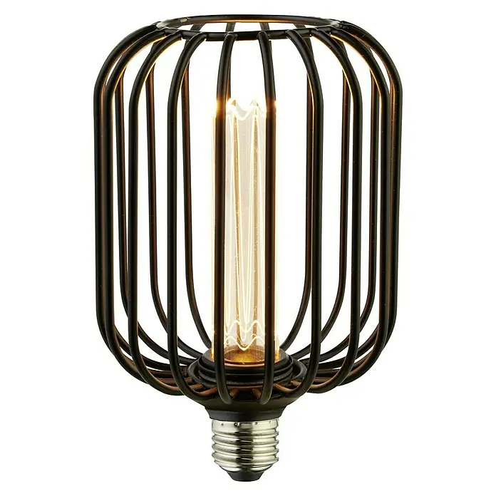 Searchlight LED-Lampe Zylinder Robust - E27, Dimmbar, Bernstein, 120 lm, 3,5 W, Schwarz - Glühbirne mit Käfigdesign. Eine Glühbirne mit langem, glühenden Glühfaden in einem schwarzen Metallkäfig, der ihr einen industriellen Look verleiht.