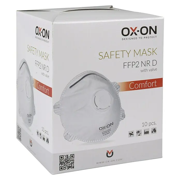 OX-ON Feinstaubmaske NR D w/Valve Comfort - FFP2 NR, 10 Stk. - Eine Box mit OX-ON FFP2 NR D Atemschutzmasken mit Ventil für Komfort und Schutz, ideal für verschiedene Arbeitsumgebungen.