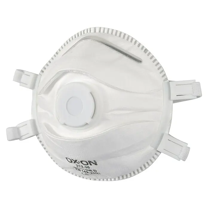OX-ON Feinstaubmaske NR D w/Valve Supreme - FFP3, Gesamtumfang: 1 Stk. - Eine Nahaufnahme einer weißen OX-ON 312.30 NRD EN 149:2001 Atemschutzmaske mit Ventil, ideal für den Schutz bei Arbeiten und in der Industrie.